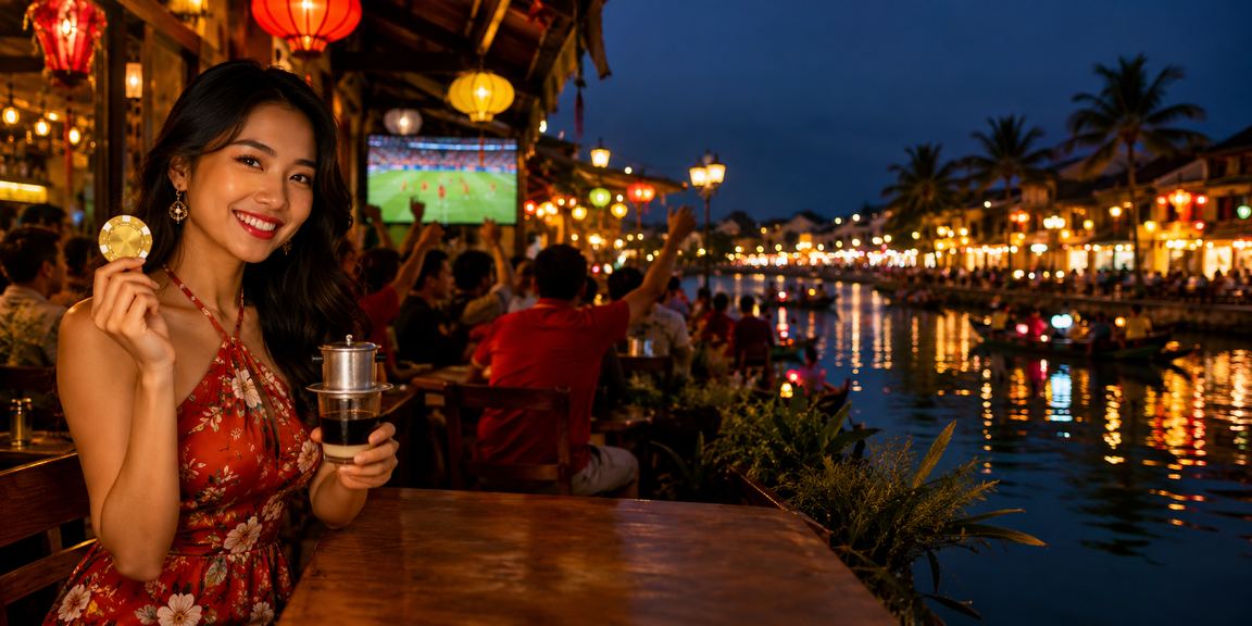 Người dùng tại Hội An vừa uống cà phê vừa trải nghiệm casino trực tuyến trên ứng dụng di động